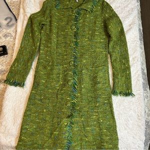 Per Una Green Tweed Lightweight Trench with Fringe_ Small